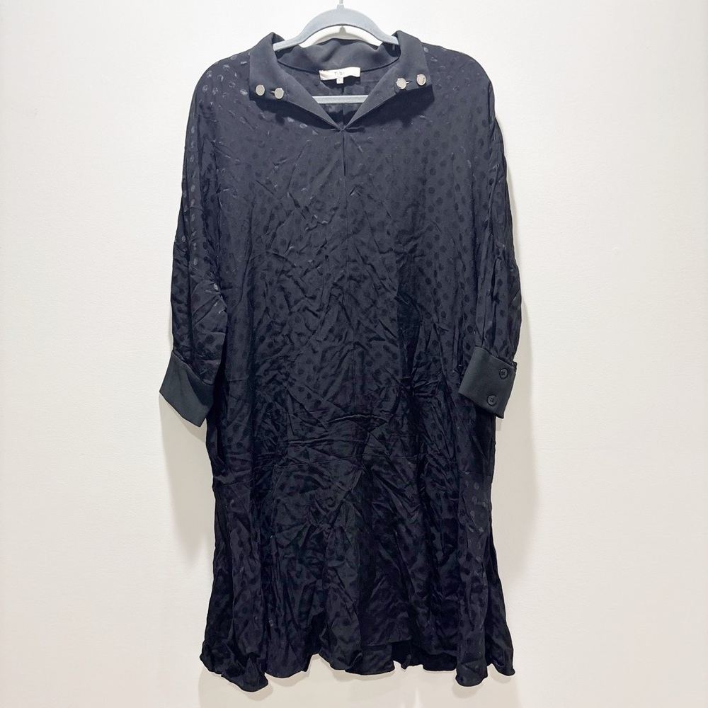 Tibi Black 3/4 Length Sleeve Textured Shift Dress Polka Dot Chic Collared Size L